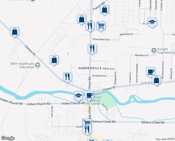 map of restaurants, bars, coffee shops, grocery stores, and more near 2119 New York 277 in West Seneca
