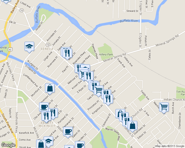 map of restaurants, bars, coffee shops, grocery stores, and more near 54 Ryan Street in Buffalo