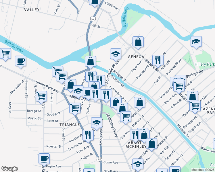 map of restaurants, bars, coffee shops, grocery stores, and more near 20 Cumberland Avenue in Buffalo