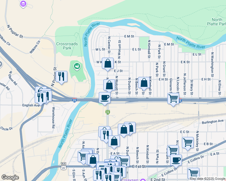 map of restaurants, bars, coffee shops, grocery stores, and more near 129 East G Street in Casper