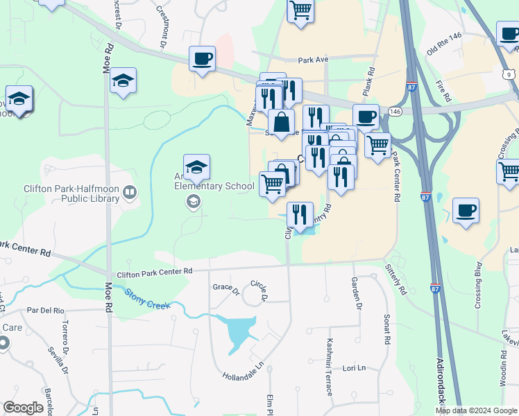 map of restaurants, bars, coffee shops, grocery stores, and more near 8 Wall Street in Saratoga County