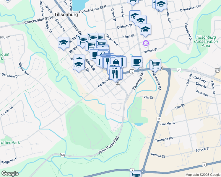 map of restaurants, bars, coffee shops, grocery stores, and more near 22 Bidwell Street in Tillsonburg