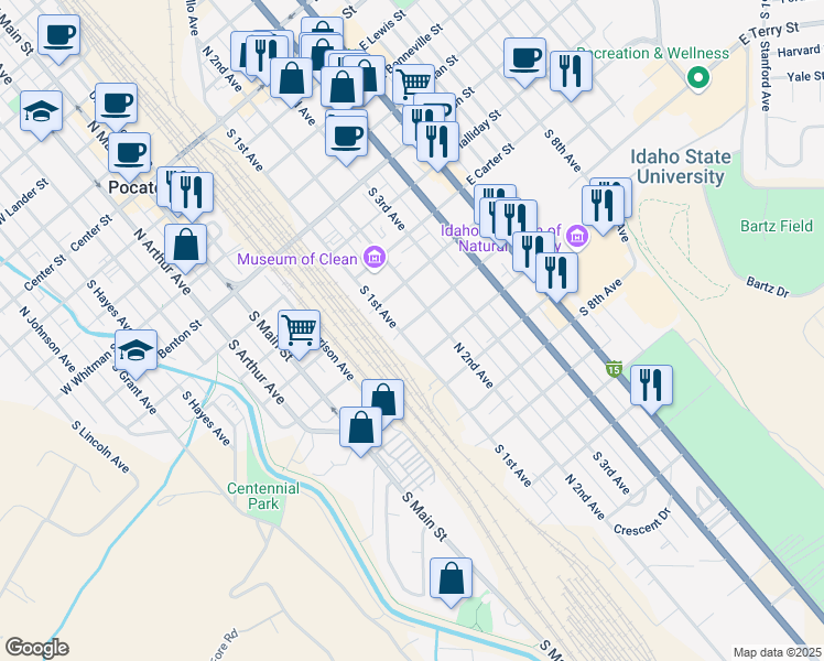 map of restaurants, bars, coffee shops, grocery stores, and more near 902 South 1st Avenue in Pocatello