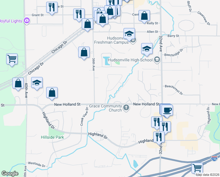 map of restaurants, bars, coffee shops, grocery stores, and more near 4893 Shadow Creek Drive in Hudsonville