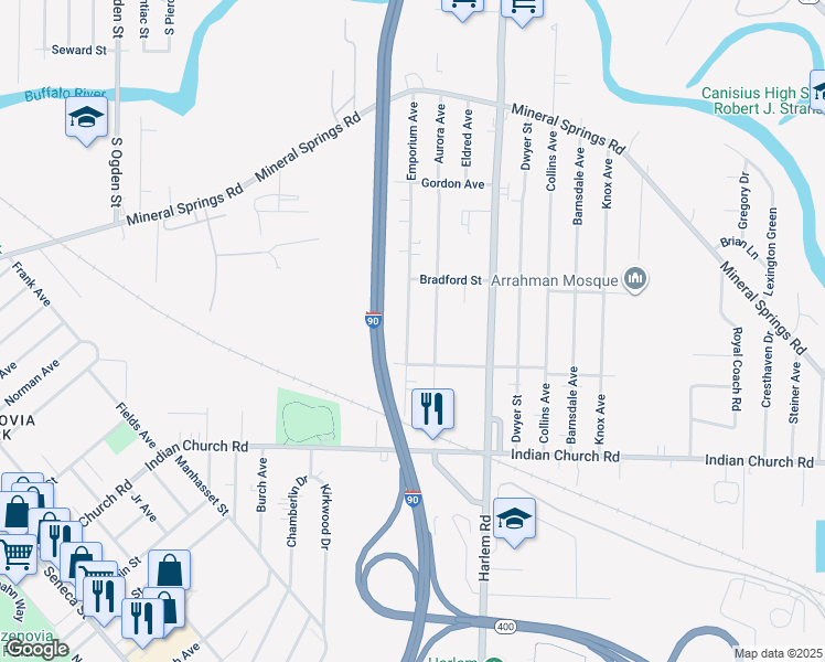 map of restaurants, bars, coffee shops, grocery stores, and more near 123 Emporium Avenue in West Seneca