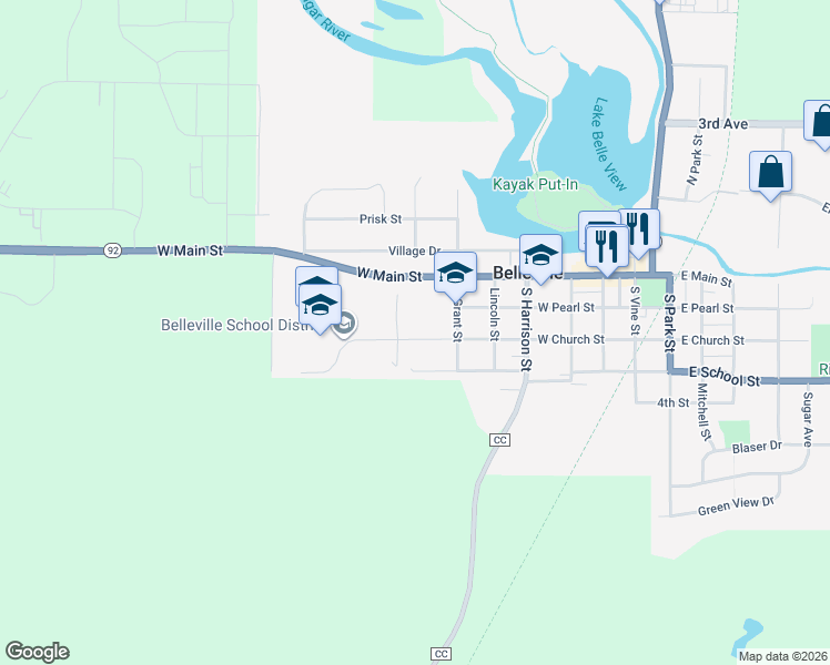 map of restaurants, bars, coffee shops, grocery stores, and more near 553 West Church Street in Belleville