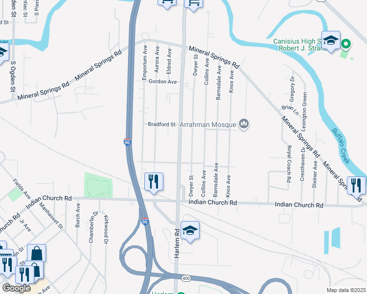 map of restaurants, bars, coffee shops, grocery stores, and more near 559 Harlem Road in Buffalo