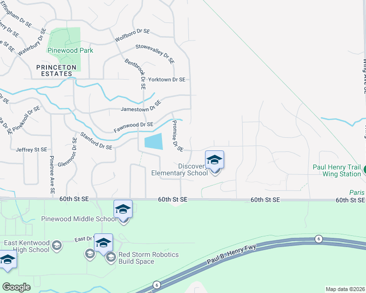 map of restaurants, bars, coffee shops, grocery stores, and more near 5850 Promise Drive Southeast in Kentwood
