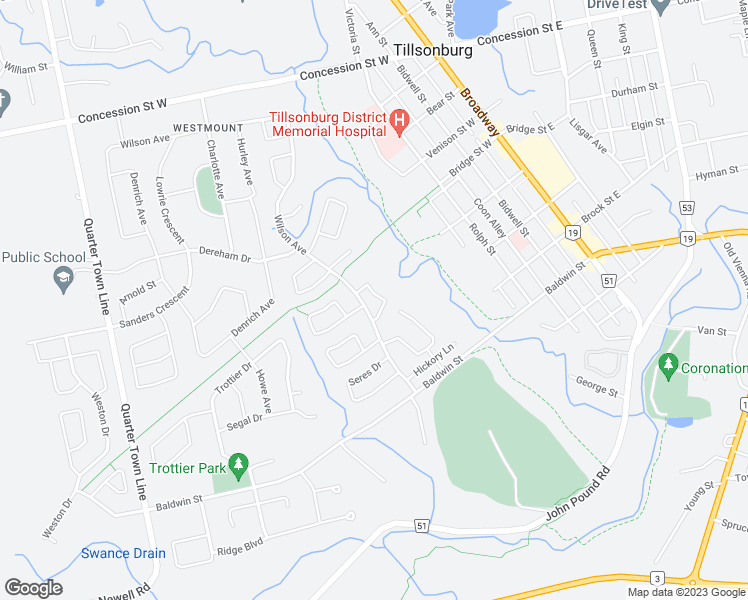 map of restaurants, bars, coffee shops, grocery stores, and more near 36 Jackson Court in Tillsonburg