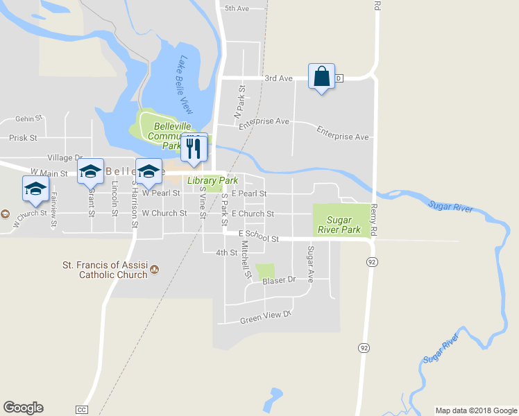 map of restaurants, bars, coffee shops, grocery stores, and more near 229 East Church Street in Belleville