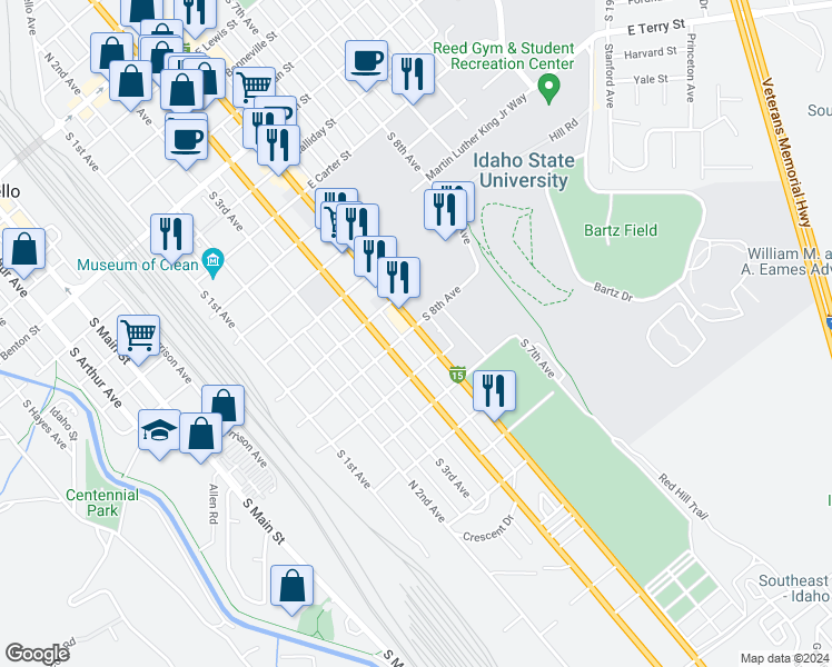 map of restaurants, bars, coffee shops, grocery stores, and more near 1211 S 5th Ave in Pocatello