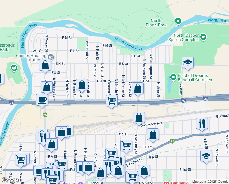 map of restaurants, bars, coffee shops, grocery stores, and more near 744 North Lincoln Street in Casper