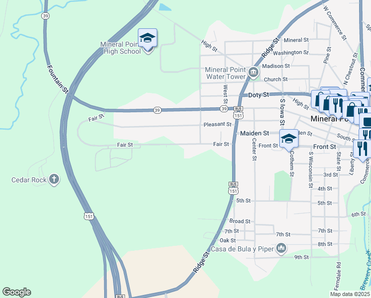 map of restaurants, bars, coffee shops, grocery stores, and more near 812 Fair Street in Mineral Point