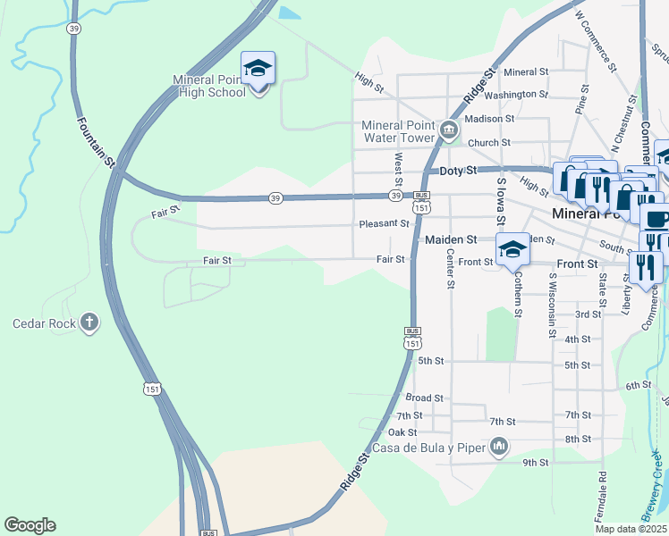 map of restaurants, bars, coffee shops, grocery stores, and more near 812 Fair St in Mineral Point