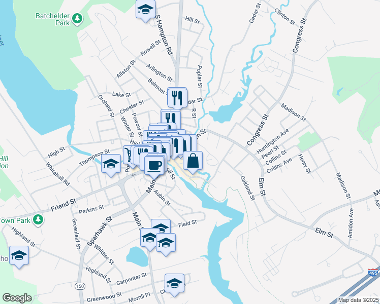 map of restaurants, bars, coffee shops, grocery stores, and more near 29 Elm Street in Amesbury