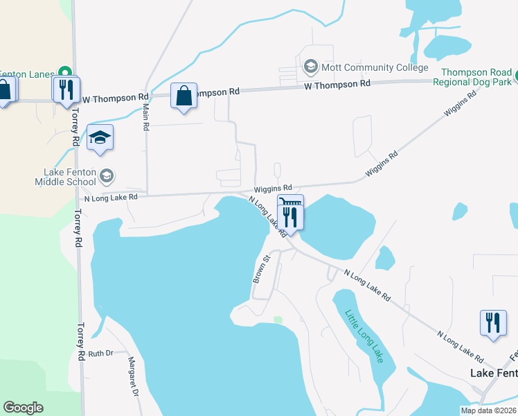 map of restaurants, bars, coffee shops, grocery stores, and more near 2300 North Long Lake Road in Fenton