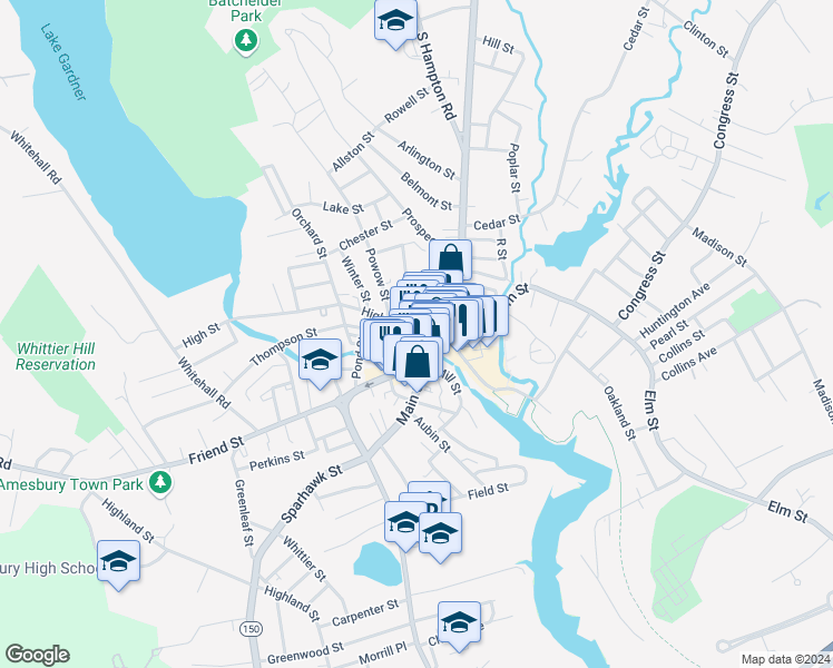 map of restaurants, bars, coffee shops, grocery stores, and more near in Amesbury