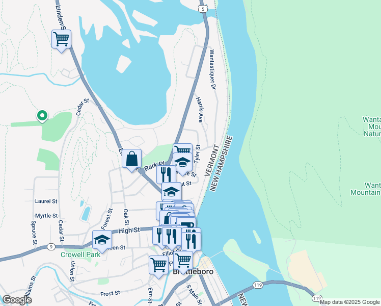 map of restaurants, bars, coffee shops, grocery stores, and more near 29 North Street in Brattleboro