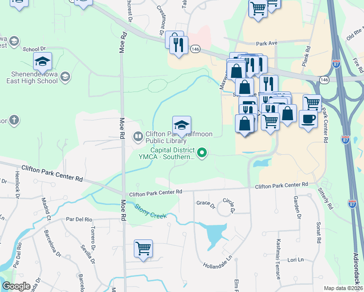map of restaurants, bars, coffee shops, grocery stores, and more near 489 Clifton Park Center Road in Saratoga County