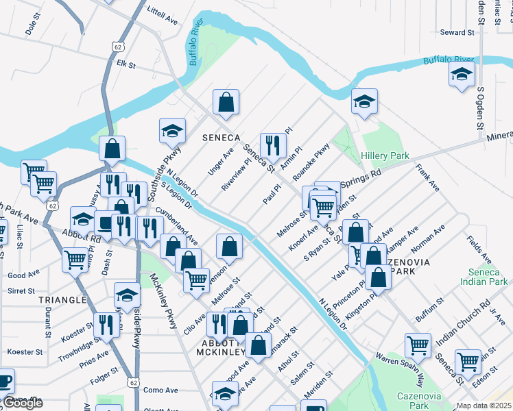 map of restaurants, bars, coffee shops, grocery stores, and more near 38 Paul Place in Buffalo