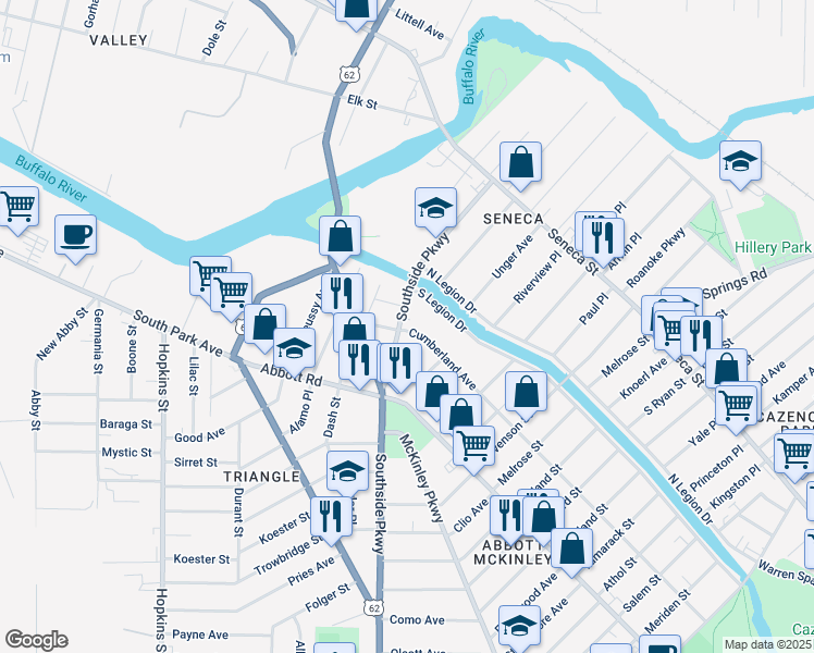 map of restaurants, bars, coffee shops, grocery stores, and more near 20 Cumberland Avenue in Buffalo