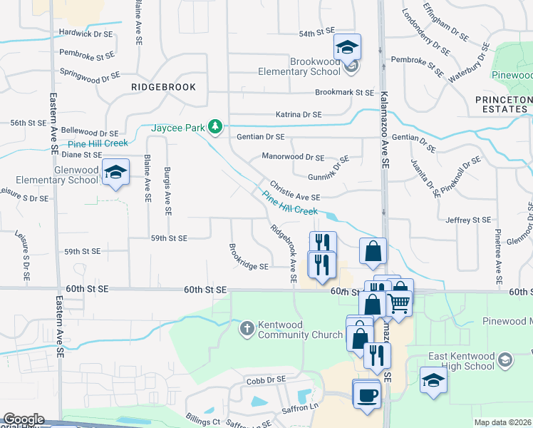 map of restaurants, bars, coffee shops, grocery stores, and more near 5812 Ridgebrook Avenue Southeast in Kentwood