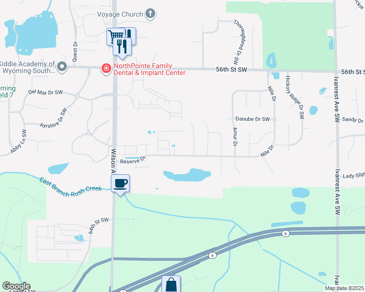map of restaurants, bars, coffee shops, grocery stores, and more near 5972 Wilson Avenue Southwest in Wyoming