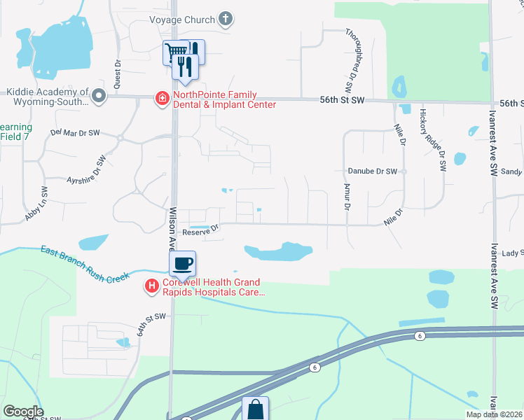 map of restaurants, bars, coffee shops, grocery stores, and more near 5972 Wilson Avenue Southwest in Wyoming