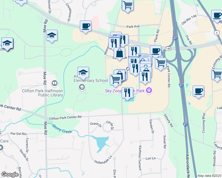 map of restaurants, bars, coffee shops, grocery stores, and more near 8 Wall Street in Saratoga County