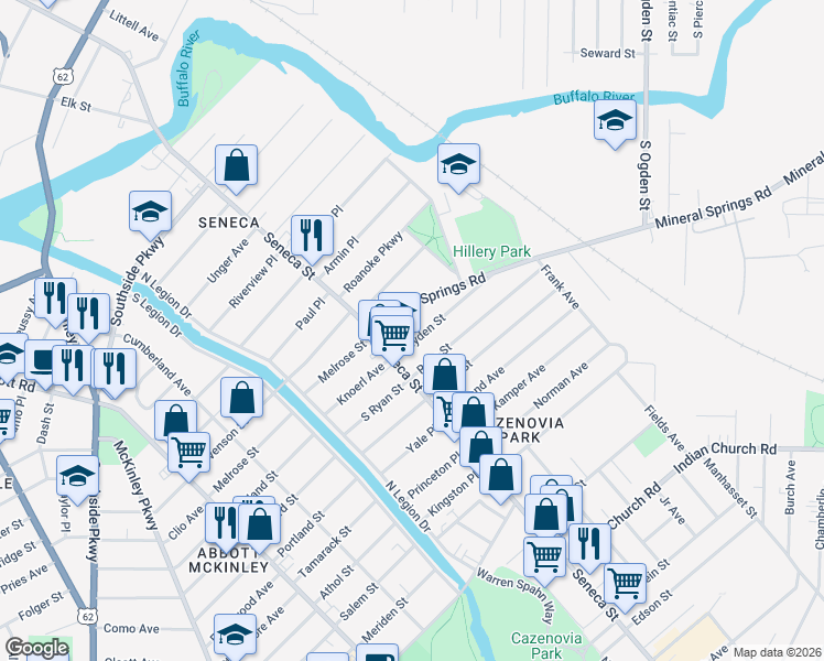 map of restaurants, bars, coffee shops, grocery stores, and more near 24 Hayden Street in Buffalo