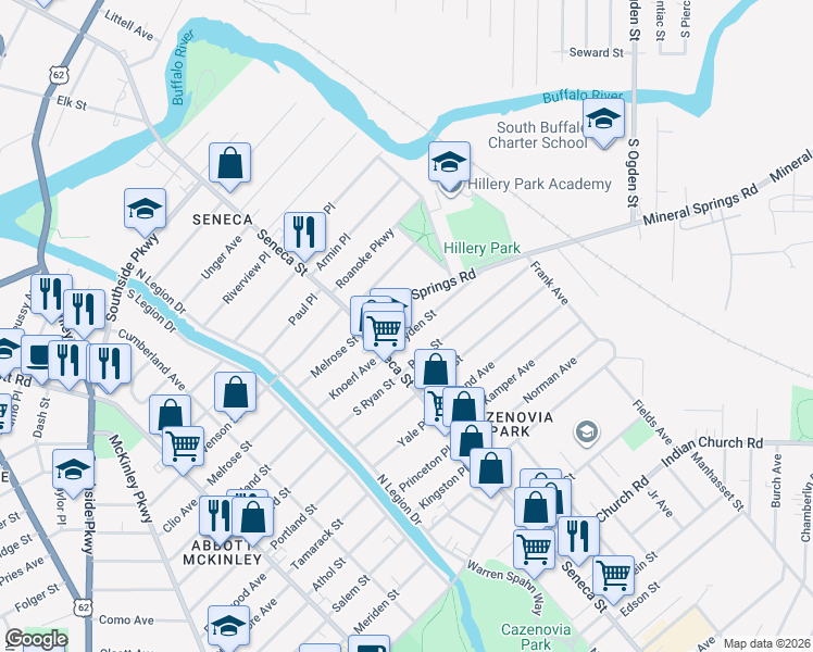 map of restaurants, bars, coffee shops, grocery stores, and more near 24 Hayden Street in Buffalo