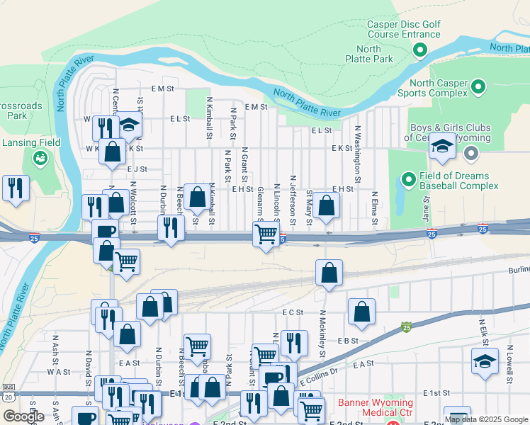 map of restaurants, bars, coffee shops, grocery stores, and more near 747 Glenarm Street in Casper
