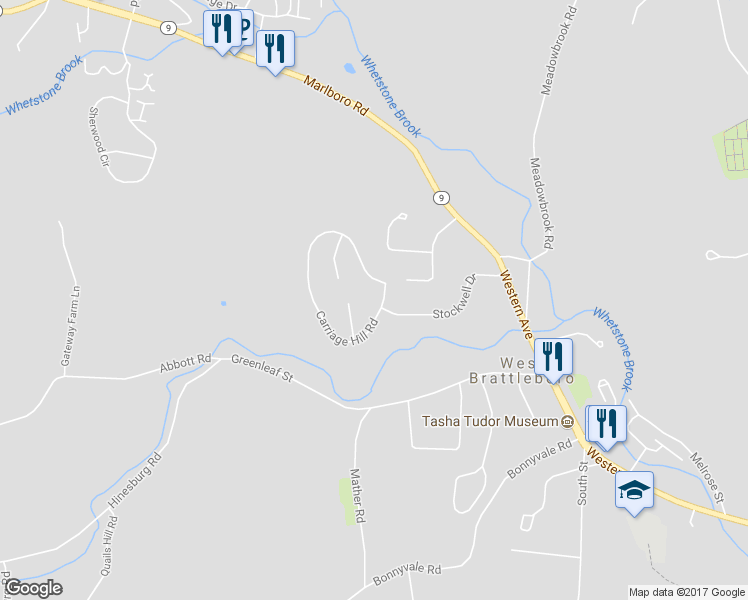map of restaurants, bars, coffee shops, grocery stores, and more near 10 Carriage Hill Road in Brattleboro