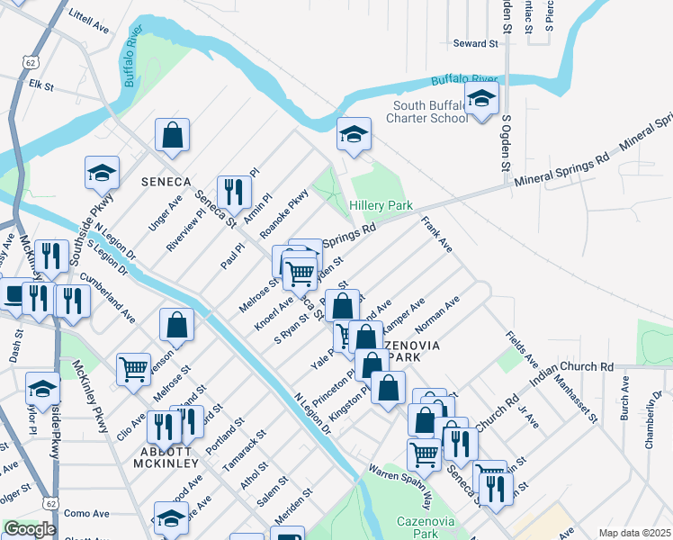map of restaurants, bars, coffee shops, grocery stores, and more near 51 Hayden Street in Buffalo