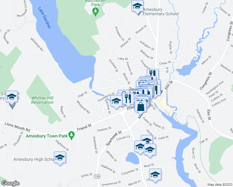 map of restaurants, bars, coffee shops, grocery stores, and more near 26 Thompson Street in Amesbury