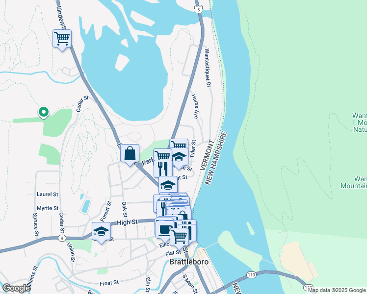 map of restaurants, bars, coffee shops, grocery stores, and more near 29 North Street in Brattleboro