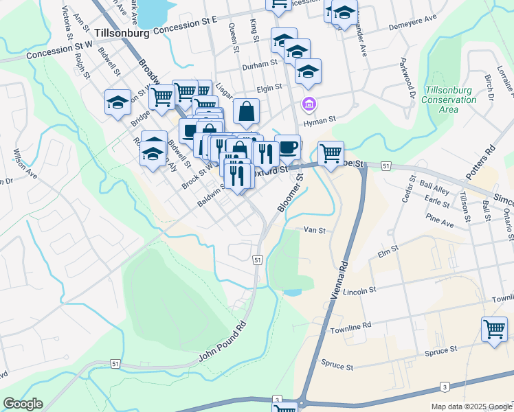 map of restaurants, bars, coffee shops, grocery stores, and more near 22 Broadway Street in Tillsonburg