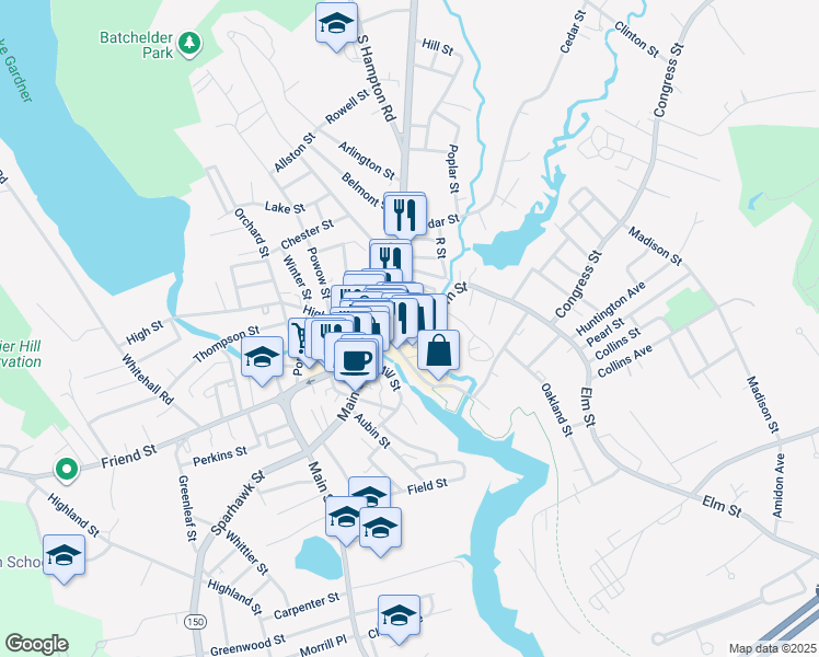 map of restaurants, bars, coffee shops, grocery stores, and more near 29 Elm Street in Amesbury