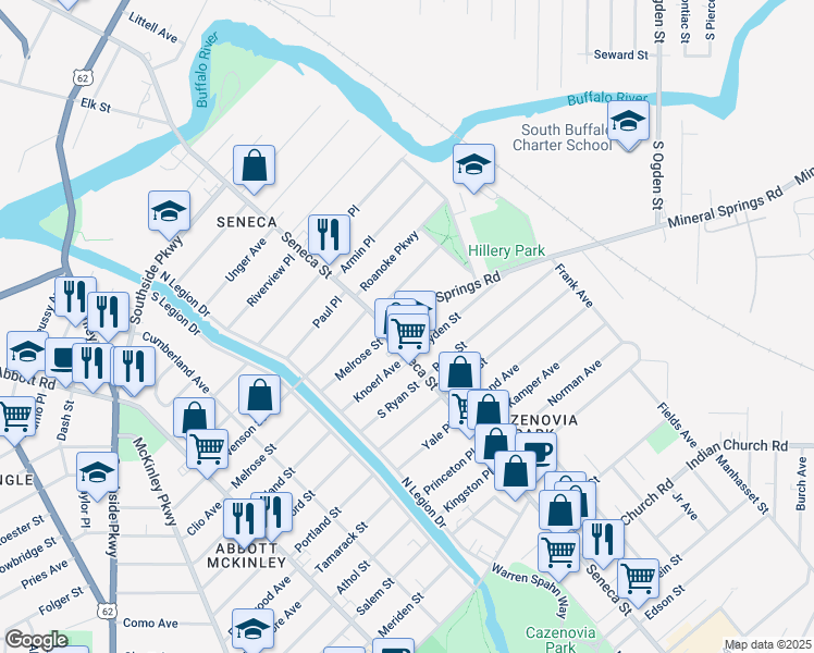 map of restaurants, bars, coffee shops, grocery stores, and more near 24 Hayden Street in Buffalo