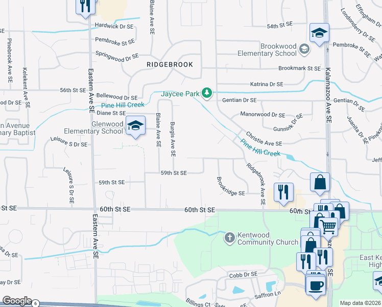 map of restaurants, bars, coffee shops, grocery stores, and more near 1135 Fallingbrook Drive Southeast in Kentwood