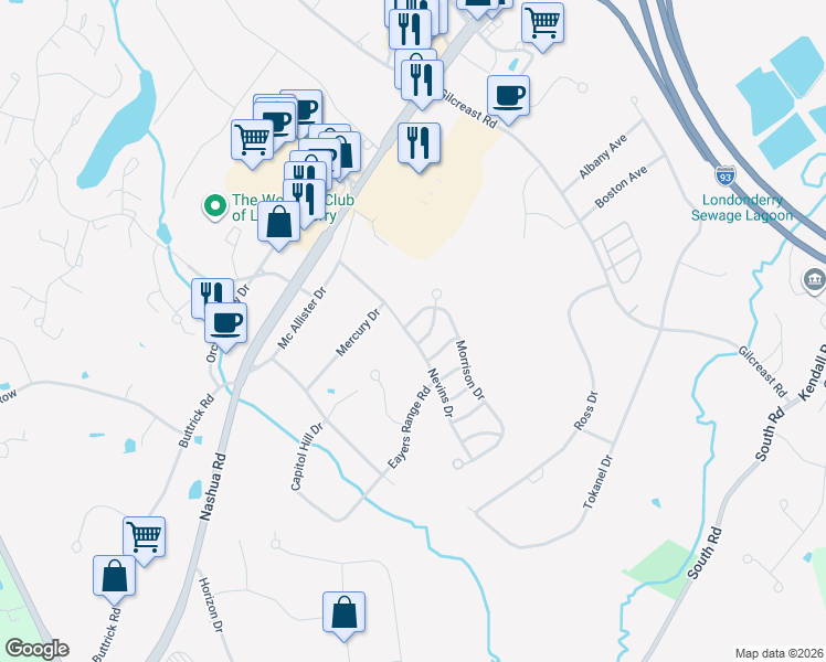 map of restaurants, bars, coffee shops, grocery stores, and more near 4 Nevins Drive in Londonderry
