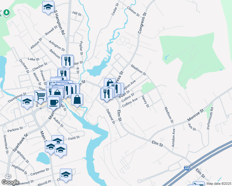 map of restaurants, bars, coffee shops, grocery stores, and more near 1 Huntington Avenue in Amesbury