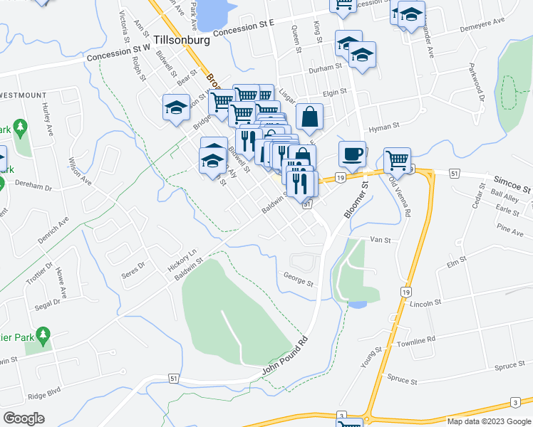 map of restaurants, bars, coffee shops, grocery stores, and more near 49 Baldwin Street in Tillsonburg
