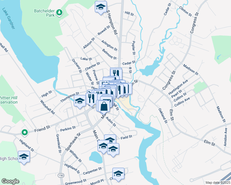 map of restaurants, bars, coffee shops, grocery stores, and more near 4 Market Street in Amesbury