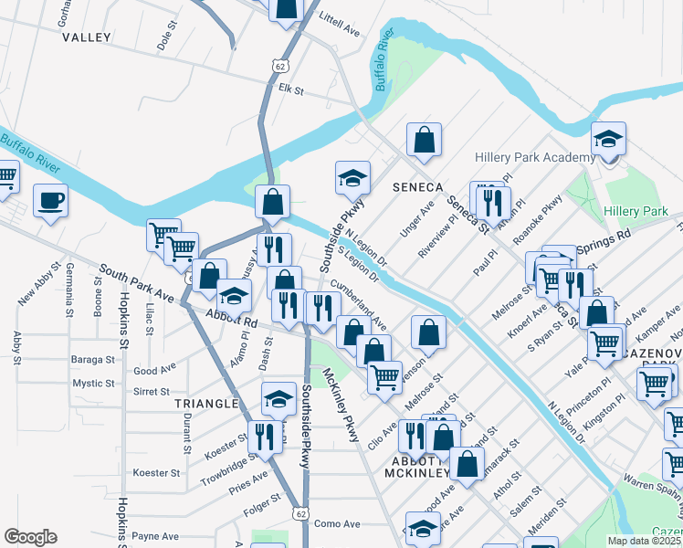 map of restaurants, bars, coffee shops, grocery stores, and more near 20 Cumberland Avenue in Buffalo