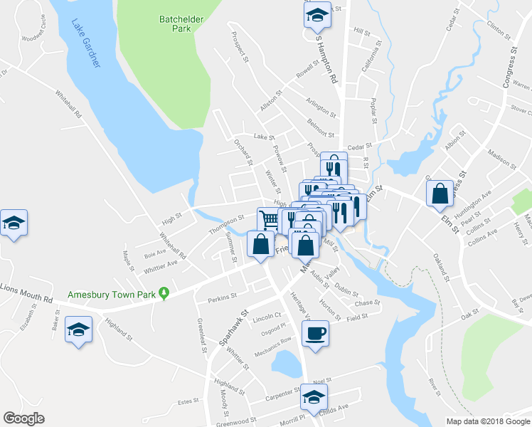 map of restaurants, bars, coffee shops, grocery stores, and more near 28 Dennett Street in Amesbury