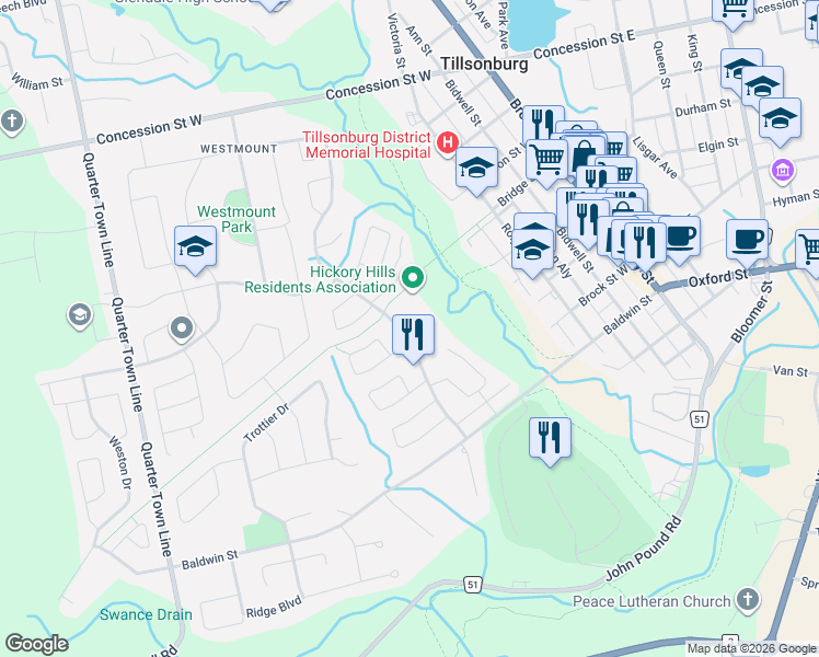 map of restaurants, bars, coffee shops, grocery stores, and more near 36 Jackson Court in Tillsonburg