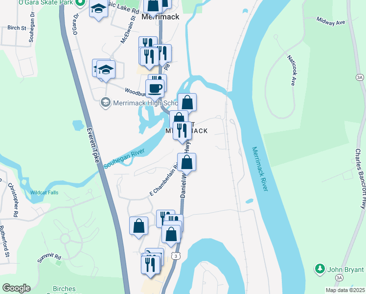 map of restaurants, bars, coffee shops, grocery stores, and more near 416 Daniel Webster Highway in Merrimack