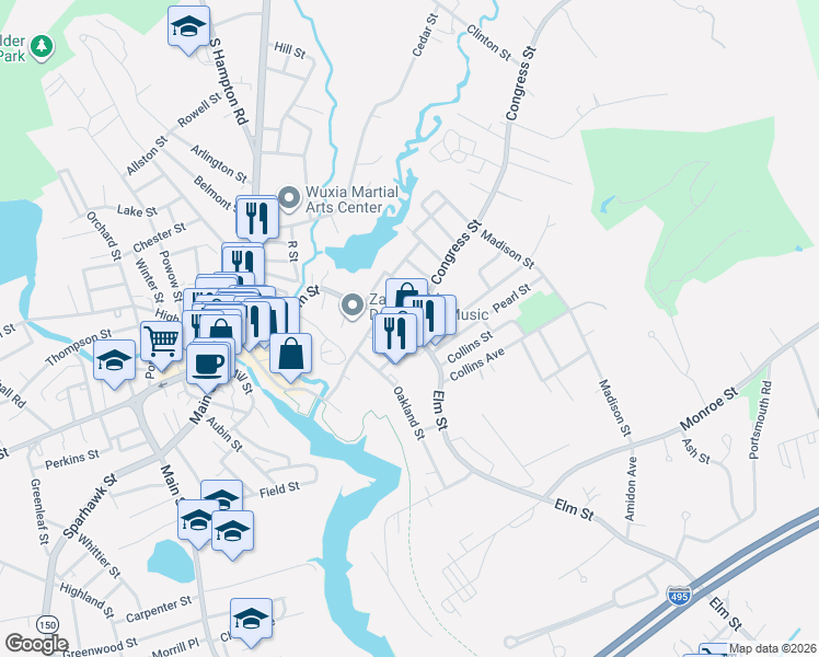 map of restaurants, bars, coffee shops, grocery stores, and more near 1 Huntington Avenue in Amesbury
