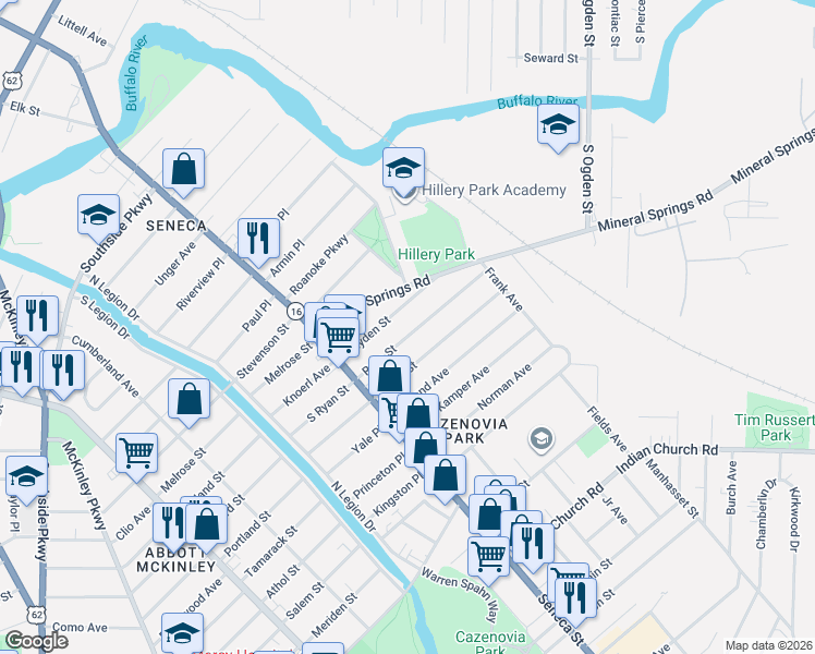 map of restaurants, bars, coffee shops, grocery stores, and more near 54 Ryan Street in Buffalo